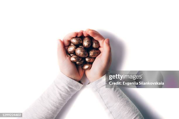 chocolate easter eggs in child's hands isolated on white background. - easter egg colour isolated stock-fotos und bilder