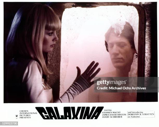 Dorothy Stratten And Stephen Macht in a scene from the film 'Galaxina', 1980.