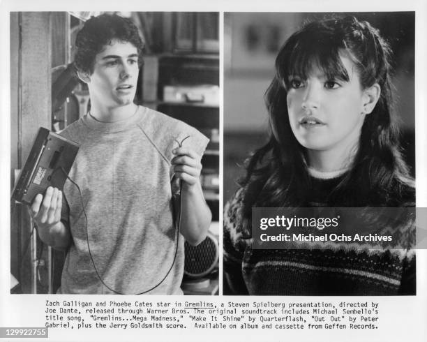 Zach Galligan and Phoebe Cates in a split photo in a scene from the film 'Gremlins', 1984.