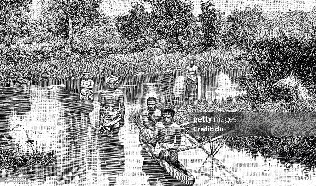 Samoa Männer fischen in einem Sumpf