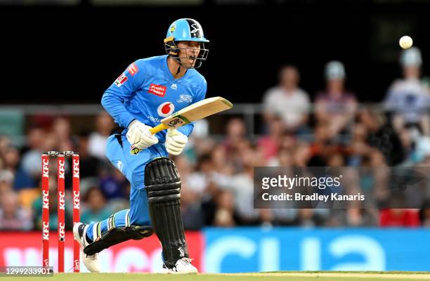 Alex Carey of the Strikers bats during the Big Bash League Eliminator Final match between the Brisbane Heat and the Adelaide Strikers at The Gabba,...