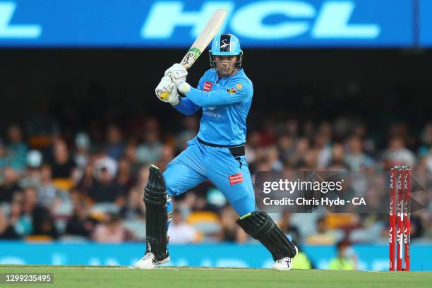 Alex Carey of the Strikers bats during the Big Bash League Eliminator Final match between the Brisbane Heat and the Adelaide Strikers at The Gabba,...