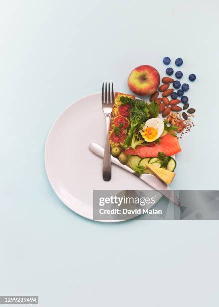 a plate seen from above arranged to illustrate the concept of intermittent fasting. - fasten stock-fotos und bilder