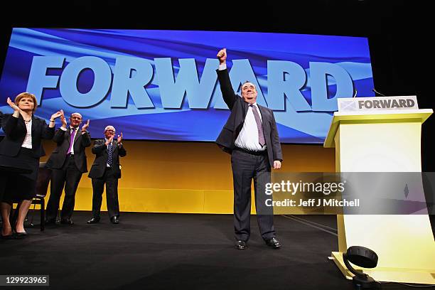 Scottish National Party Leader and Scotland's First Minister, Alex Salmond, receives applause following his address to the 77th annual Scottish...