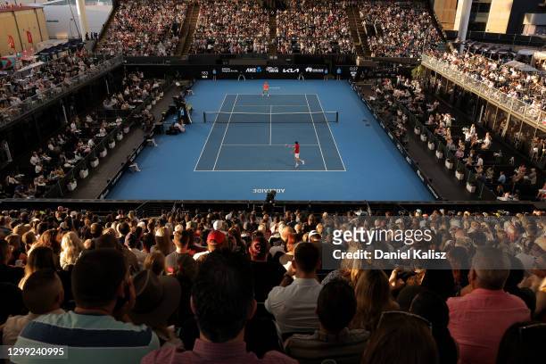General view of play between Rafael Nadal of Spain and Dominic Thiem of Austria during the 'A Day at the Drive' exhibition tournament at Memorial...