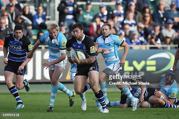 Matt Banahan of Bath in action during the LV Cup match between Bath and Worcester Warriors at the Recreation Ground on October 22, 2011 in Bath,...