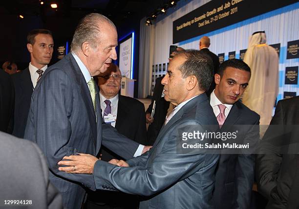 King Juan Carlos of Spain meets with Libyan Prime Minister Mahmoud Jibril during his participation at the World Economic Forum special meeting on...