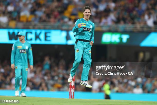 Mitchell Swepson of the Heat celebrates dismissing Matthew Renshaw of the Strikers during the Big Bash League Eliminator Final match between the...