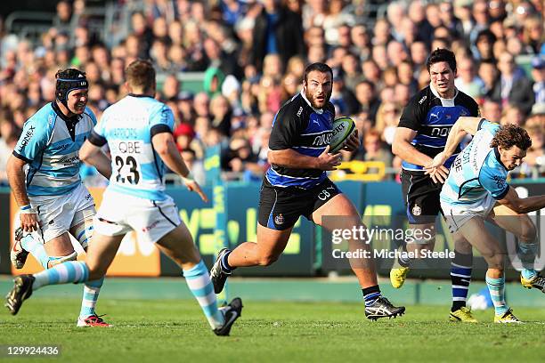 Charlie Beech of Bath runs at Mike Penn of Worcester Warriors during the LV Cup match between Bath and Worcester Warriors at the Recreation Ground on...