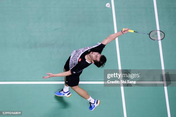 Ng Ka Long Angus of Hong Kong competes in the Men’s Singles round robin match against Kidambi Srikanth of India on day three of the HSBC BWF World...