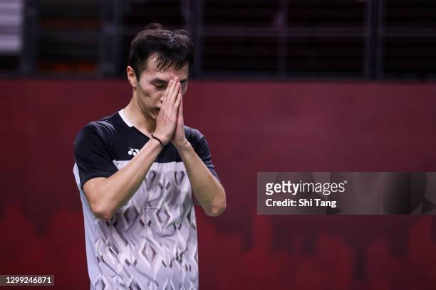 Ng Ka Long Angus of Hong Kong celebrates the victory in the Men’s Singles round robin match against Kidambi Srikanth of India on day three of the...