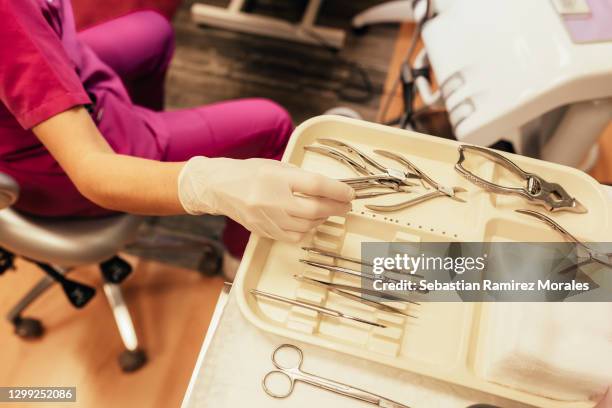 several surgical instruments in one tray - leaf cuticle stock pictures, royalty-free photos & images