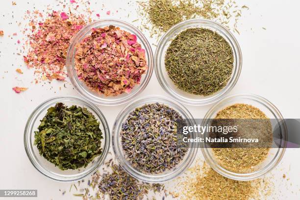 flavoring, soothing tea additives. dry herbs and flowers: thyme, menthol mint, chamomile, tea rose petals and lavender. - dry herbs stock pictures, royalty-free photos & images