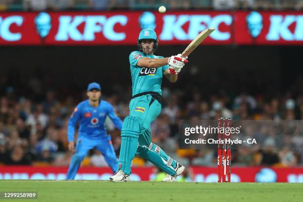 Joe Burns of the Heat bats during the Big Bash League Eliminator Final match between the Brisbane Heat and the Adelaide Strikers at The Gabba, on...