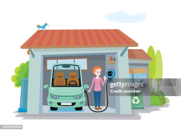 electric car home charging - home interior stock illustrations