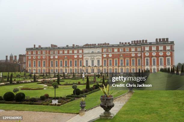 The gardens at Hampton Court Palace ahead of their reopening on January 29, 2021 in London, England. Gardeners at Hampton Court Palace make their...