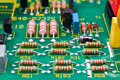 Various electronic components on detail of printed circuit board. Electrotechnics