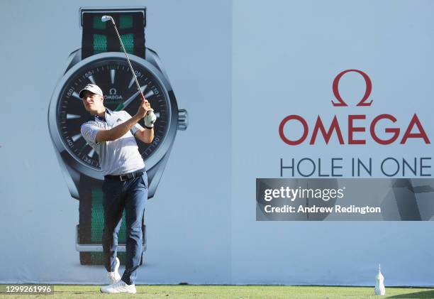 Guido Migliozzi of Italy tees off on the 7th hole during Day Two of the Omega Dubai Desert Classic at Emirates Golf Club on January 29, 2021 in...