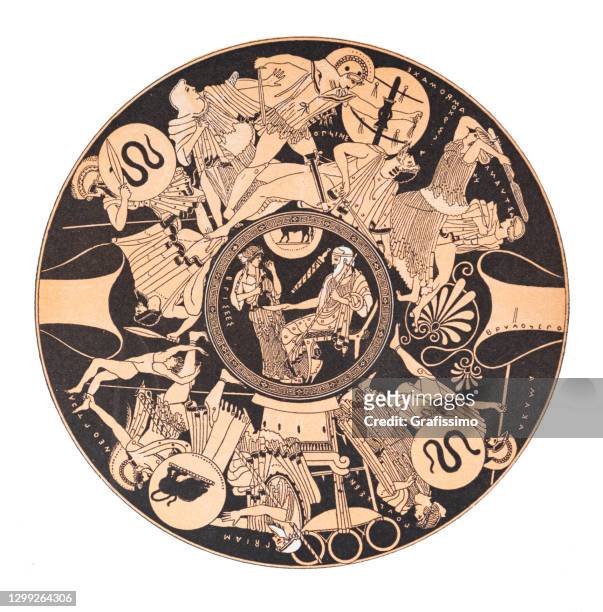 ilustrações, clipart, desenhos animados e ícones de vaso grego mostra luta final em troja com o velho peleus - mythology