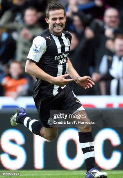 Yohan Cabaye of Newcastle United celebrates after scoring the 1-0 goal during the Barclays Premier League match between Newcastle United and Wigan...