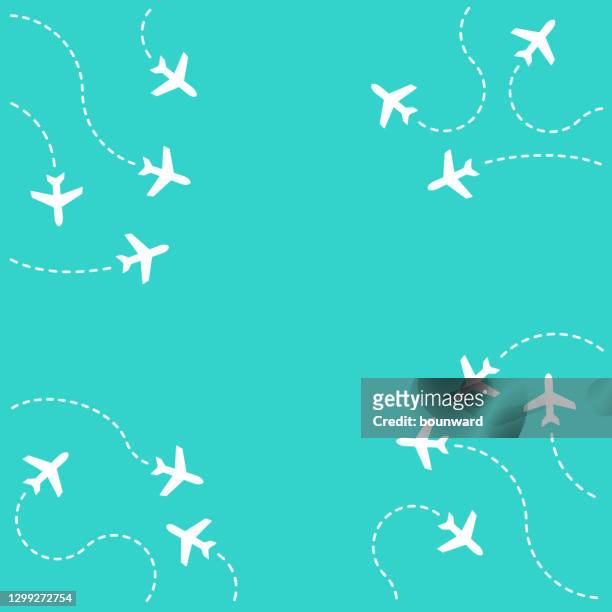 stockillustraties, clipart, cartoons en iconen met vliegende vliegtuig bestemmingen achtergrond - airplane with banner