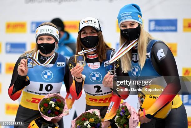 Anna Berreiter Julia Taubitz and Dajana Eitberger of Germany celebrate after the sprint final run in the Women's Luge during Day 1 of the Luge World...