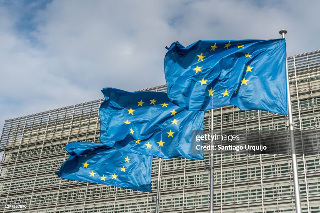 European Union flags at Berlaymont building of the European Commission