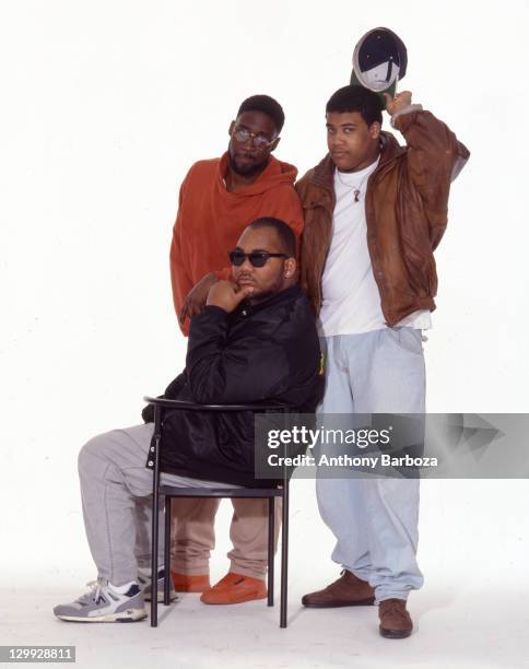 Portrait of American hip hop trio De la Soul, as they pose in front of a white background, 1991. Pictured are, David Jolicoeur , Kelvin Mercer and...