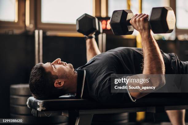 muscular man exercising on weight with dumbbells - weight bench stock pictures, royalty-free photos & images