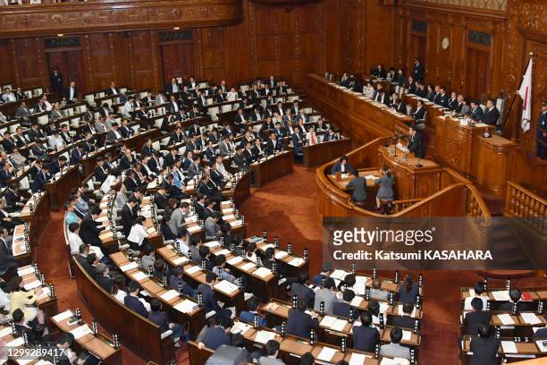 Opposition parties leader Yukio Edano explains the aim of a no-confidence motion against Prime Minister Shinzo Abe in House of Representatives...