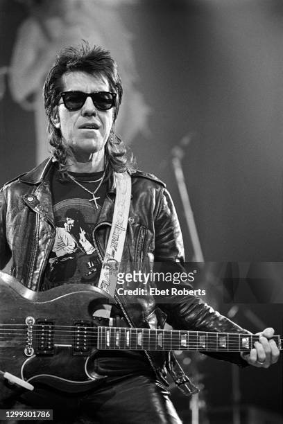 Link Wray performing at a 'Guitar Greats' concert at the Capitol Theater in Passaic, New Jersey on November 3, 1984.