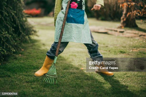 boy cleaning up leaves with rake medium shot - rechen stock-fotos und bilder
