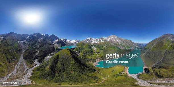 360x180 degree spherical (equirectangular) aerial panorama of kaprun high mountain reservoirs mooserboden stausee and wasserfallboden in the hohe tauern, salzburger land, austria. - 360 stock pictures, royalty-free photos & images