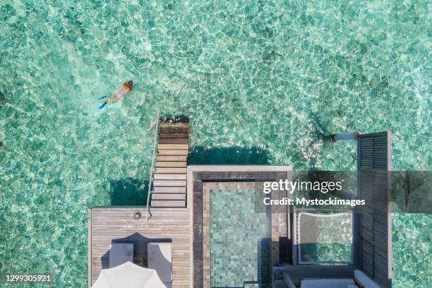 drone view of woman snorkelling in the maldives - bungalow stock pictures, royalty-free photos & images