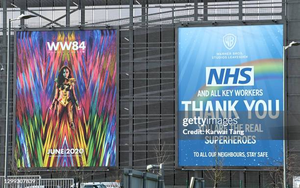 Posters thanking the NHS and promoting the "Wonder Woman 1984" film at the Warner Brothers Studios during the third coronavirus lockdown on January...