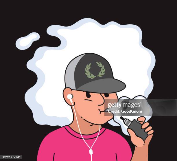 ilustraciones, imágenes clip art, dibujos animados e iconos de stock de adolescente fumando cigarrillo electrónico - humo de cigarrillo electrónico