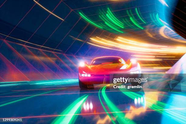 el exceso de velocidad de los coches deportivos genéricos en la carretera - coche del futuro fotografías e imágenes de stock