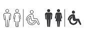 Vector toilet icons. Man, woman, handicap. Images line and black silhouette. Restroom, bathroom in a public area, navigation