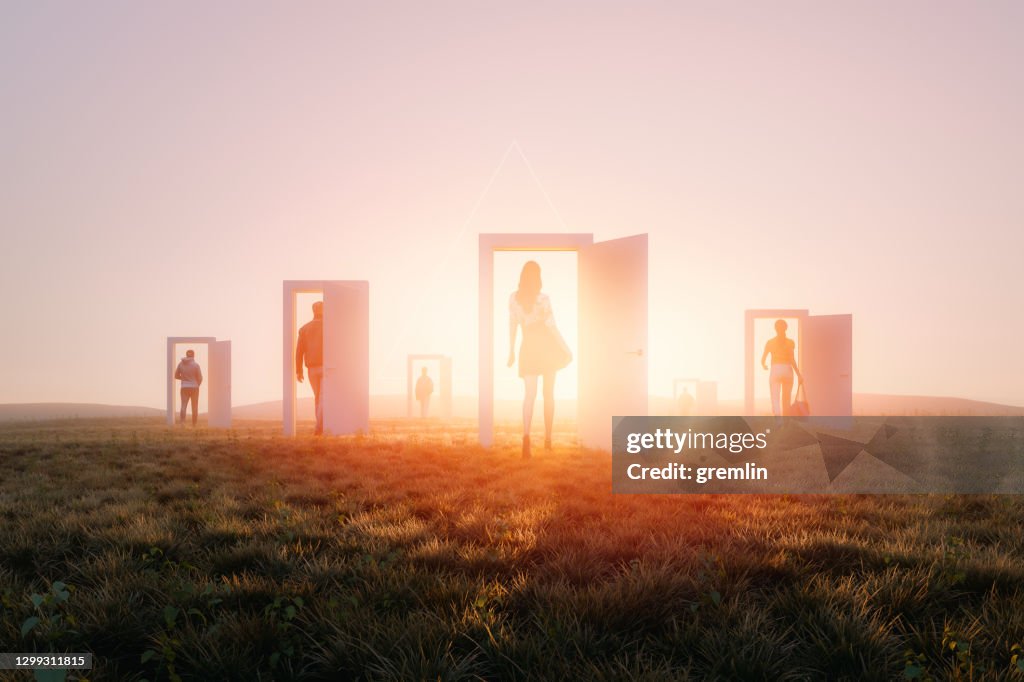Mysterious meadow passage with group of people
