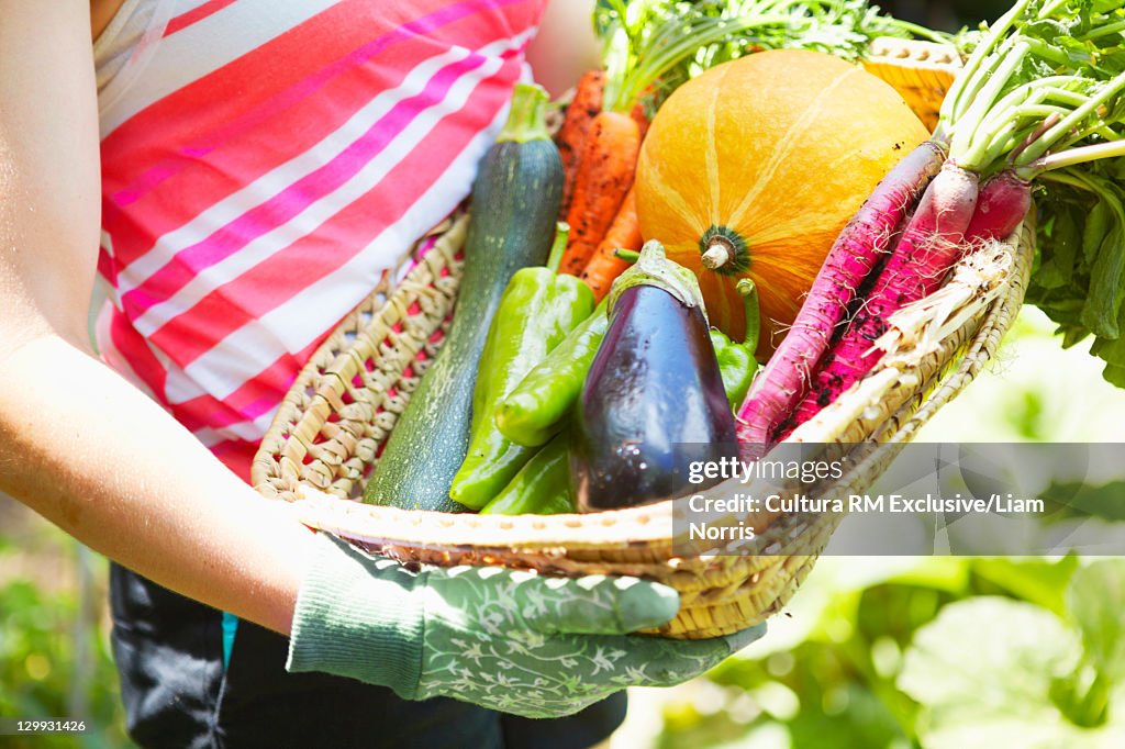 Woman holding basket of vegetables