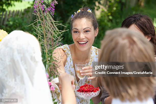 Woman Drinking Wine At Table Outdoors, Foto de stock