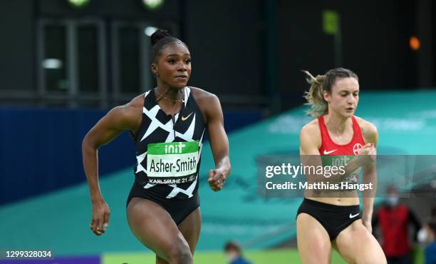 Dina Asher-Smith of Great Britain competes in the Women's 60m heat during the Indoor Track and Field Meeting Karlsruhe at Europahalle on January 29,...