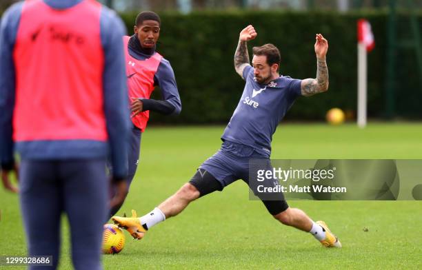 Danny Ings and Kayne Ramsay during a Southampton FC training session at the Staplewood Campus on January 29, 2021 in Southampton, England.