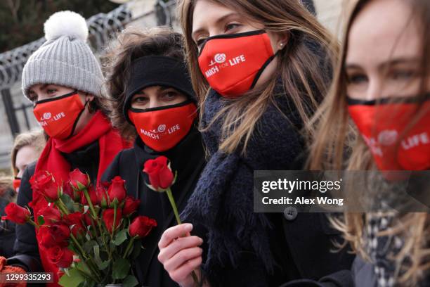 Pro-life activists participate in the 48th annual March for Life outside the U.S. Supreme Court January 29, 2021 in Washington, DC. Due to the...