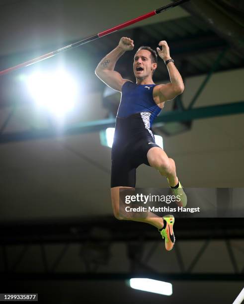 Renaud Lavillenie of France celebrates during the Pole Vault during the Indoor Track and Field Meeting Karlsruhe at Europahalle on January 29, 2021...