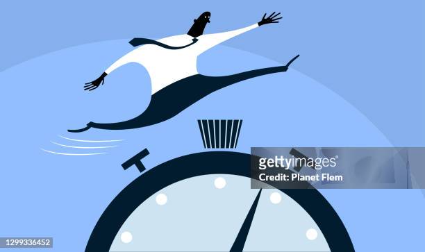 man jumping over a stopwatch - the first time stock illustrations