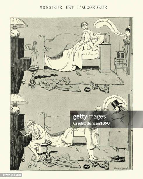 woman caught cheating with the piano tuner, victorian french cartoon - an old mistress stock illustrations