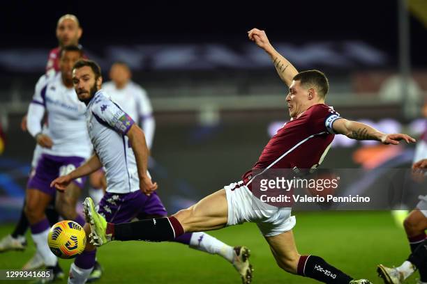 Andrea Belotti of Torino scores during the Serie A match between Torino FC and ACF Fiorentina at Stadio Olimpico di Torino on January 29, 2021 in...