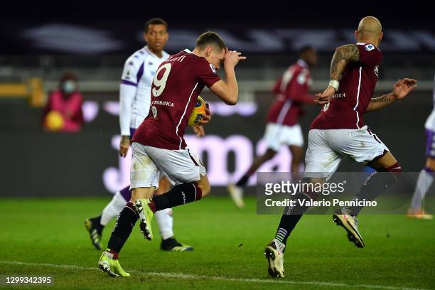 Andrea Belotti of Torino celebrates scoring during the Serie A match between Torino FC and ACF Fiorentina at Stadio Olimpico di Torino on January 29,...