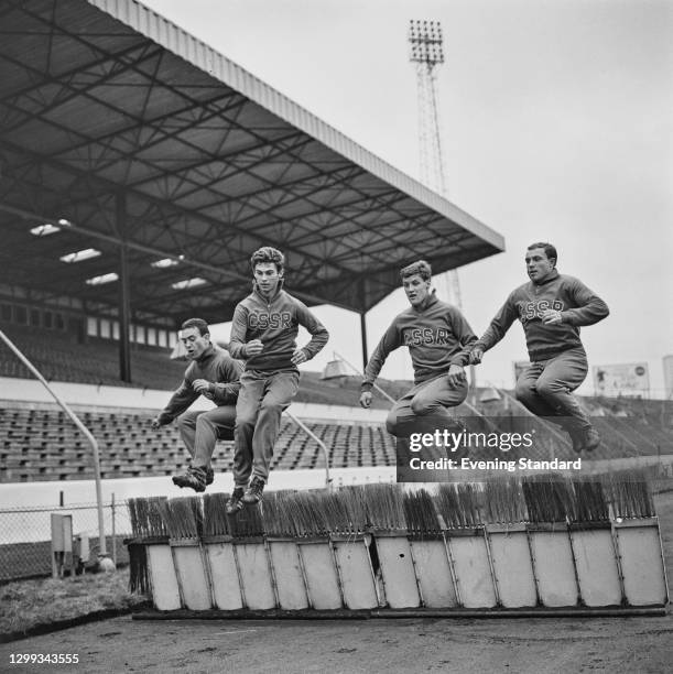 From left to right, footballers Frantisek Vesely, Juraj Szikora, Edmund Schmidt and Dusan Kabat of the Czechoslovakia national team, UK, 2nd November...